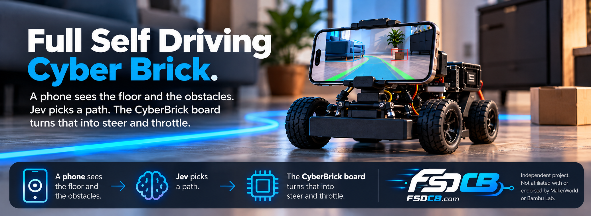 FSDCB.com. Full Self Driving, compatible with CyberBrick. A phone sees the floor and obstacles, Jev picks a path, and the CyberBrick board handles steering and throttle. The car is on the right.
